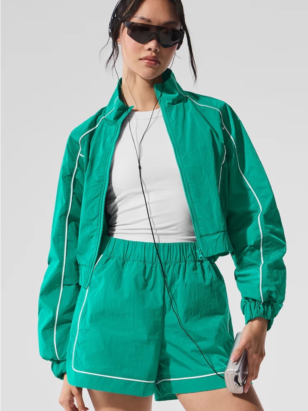ALO Yoga Motivate Full-Zip Track Jacket - Spruce Green/White Size Small New